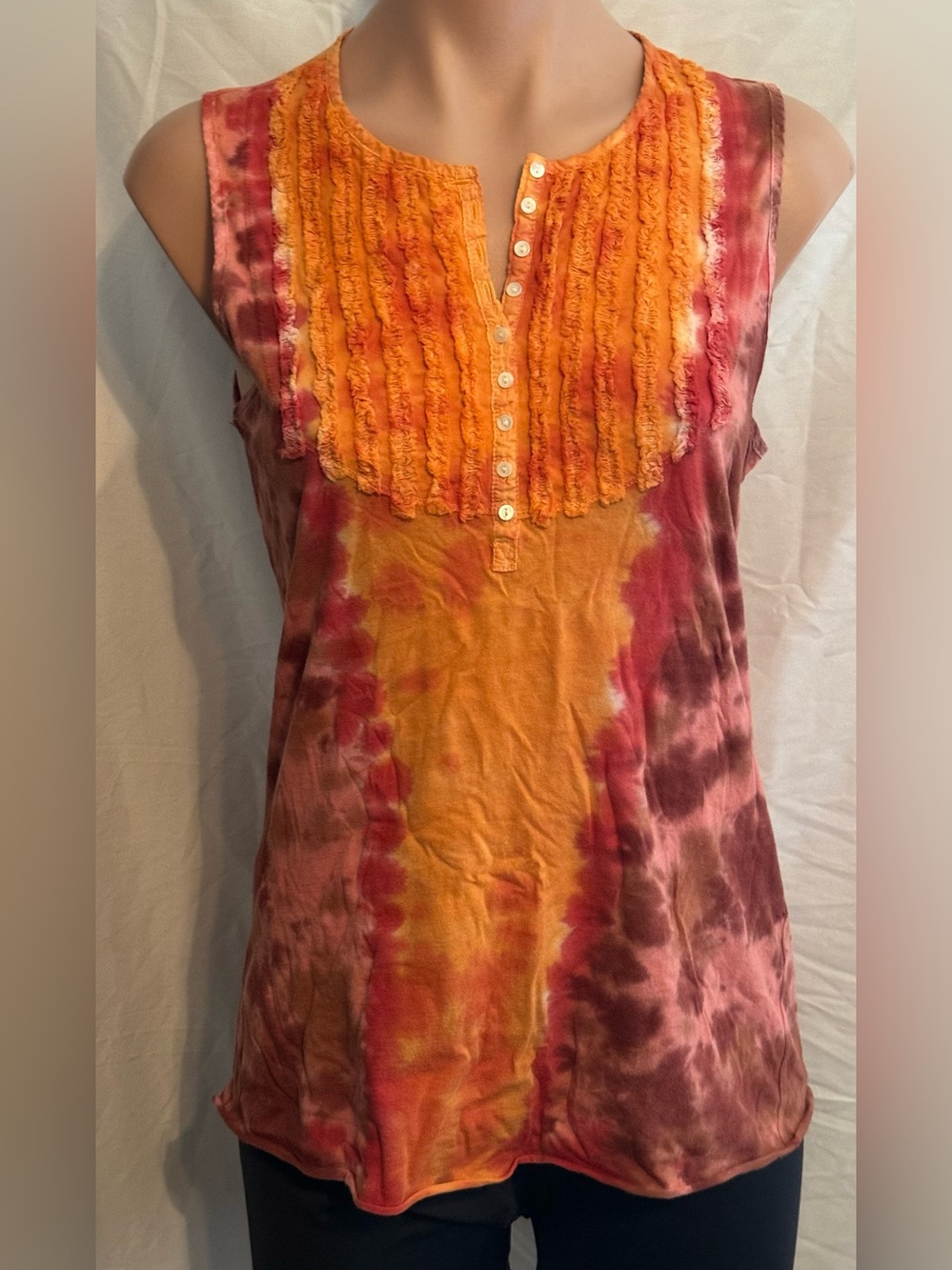 Vintage Lucky Sleeveless Tie-Dye Ruffled Yoke Boho Top - Orange/Pink